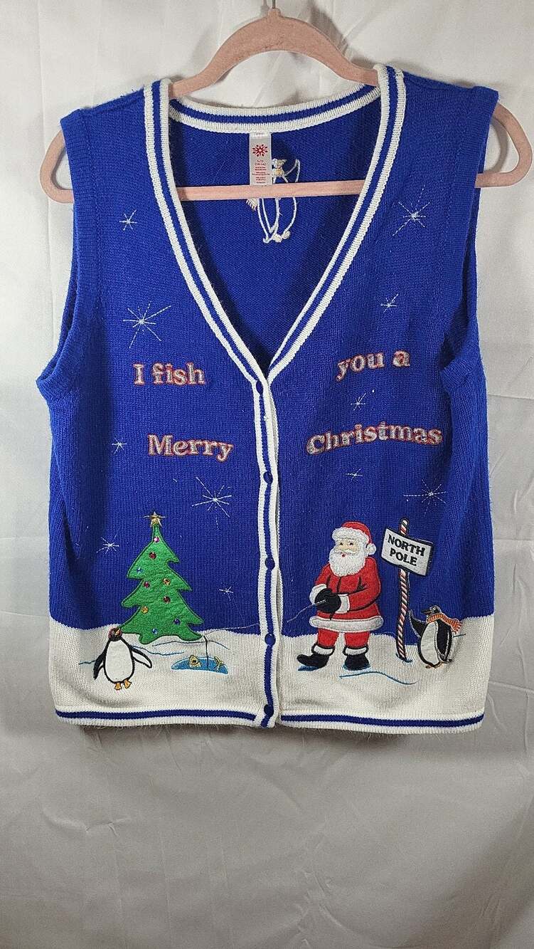 Holiday Time I Fish You a Merry Christmas Blue Ugly Sweater Vest L 12-14